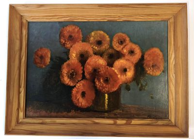 a painting of orange flowers in a vase on a table