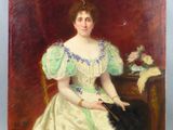portrait d'une dame en robe verte tenant un éventail