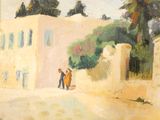 tableau représentant un homme et une femme marchant dans une rue devant un immeuble