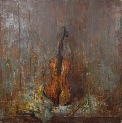 une image représentant un tableau sur lequel figurent un violon et un poisson posés sur une table