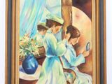 tableau représentant une femme se regardant dans un miroir devant un vase bleu