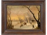 an image of a painting of people and animals in a snowy landscape