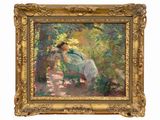 an image of a painting of a woman sitting on a bench in the woods