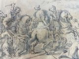drawing of a group of men on horses with a man on a horse in the foreground