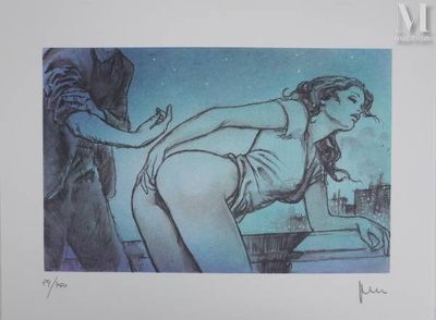 dessin représentant une femme appuyée contre un mur, avec un homme en arrière-plan