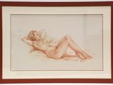 drawing of a nude woman laying on her stomach in a brown frame