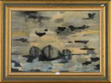 une image représentant un tableau où l'on voit un ciel nuageux avec des rochers au premier plan