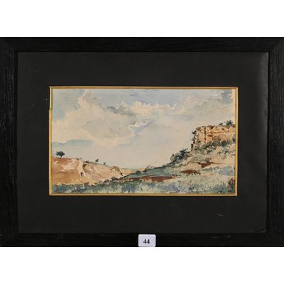 l'image d'un tableau représentant un paysage avec une montagne en arrière-plan