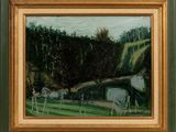 an oil painting of a field with a house and trees