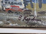 a picture of a painting of a red truck on the road