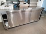 a stainless steel counter with a bunch of plates on it