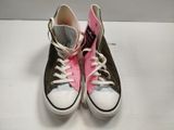 pair of pink and black converses with white laces on a white surface