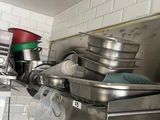 many pots and pans on the counter in the kitchen