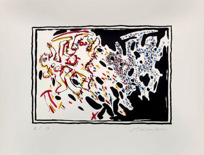 an image of a black and white painting with red, yellow, and blue paint