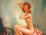 une peinture à l'huile représentant une femme assise sur un lit, vêtue d'une robe rose