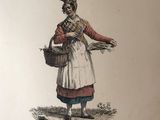 un vieux dessin représentant une femme tenant un panier de fleurs