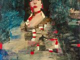 a painting of a woman in a dress with red and white stripes
