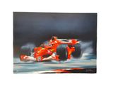 une peinture représentant une voiture de course sur un circuit, d'où s'échappe de la fumée