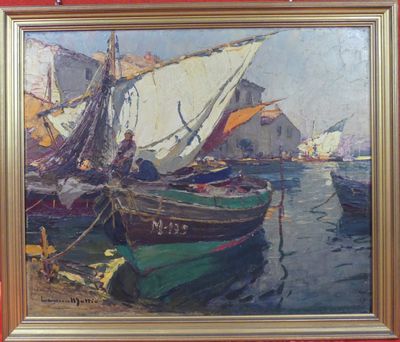 a painting of boats in the water by the shore