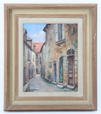 une peinture à l'huile représentant une ruelle d'une petite ville