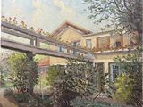 une peinture à l'huile représentant une maison avec un jardin et une allée