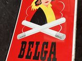 an image of a red sign with a picture of a woman in a hat and a cigarette