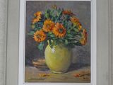 a painting of flowers in a green vase on a table