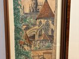 painting of a castle with a clock tower in the background