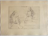 drawing of a man and a woman on a beach with a kite