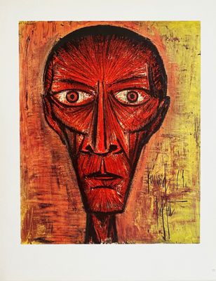 an image of a painting of a man ' s face in red and yellow
