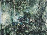 an oil painting of a forest scene with trees and bushes