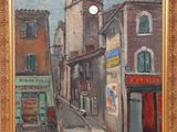 une peinture à l'huile d'une scène de rue avec des bâtiments et une tour d'horloge