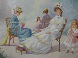 a painting of a woman and two children sitting on a bench