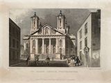 an old drawing of a church with a clock tower in the middle of it
