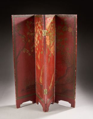 a red and gold screen with birds and flowers on it