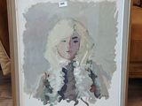 painting of a woman with blonde hair in a gold frame on a wooden floor