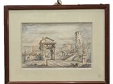 un dessin représentant un paysage avec des ruines et un bâtiment en arrière-plan