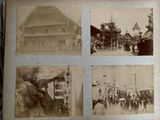 several old black and white photos of people in front of a building