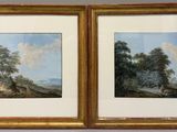 deux tableaux encadrés représentant des arbres et une rivière dans un cadre doré