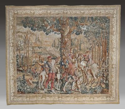 une image représentant une tapisserie sur laquelle figure un groupe de personnes dans une forêt