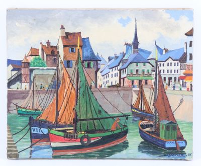 peinture de bateaux dans un port avec des bâtiments en arrière-plan