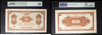 three different types of currency are on display in a display case