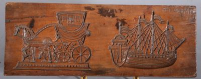 an image of a wooden plaque with a ship and people on it