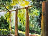 un tableau représentant un banc sous un arbre dans un parc