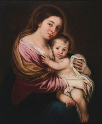 une peinture représentant une femme tenant un bébé dans ses bras