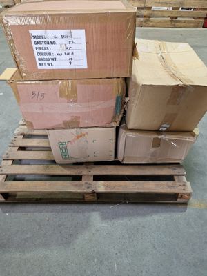 a pile of boxes sitting on a pallet in a warehouse