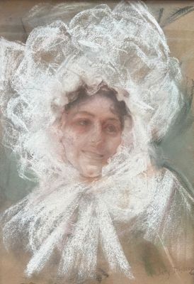 tableau représentant une femme portant un bonnet blanc et une robe blanche