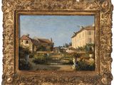 an oil painting of a house and garden with a bridge in the foreground