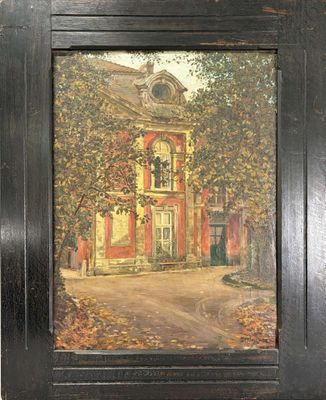 tableau représentant une maison rouge avec une horloge sur la façade