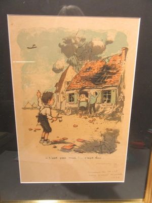 a picture of a picture of a man and a dog in front of a house